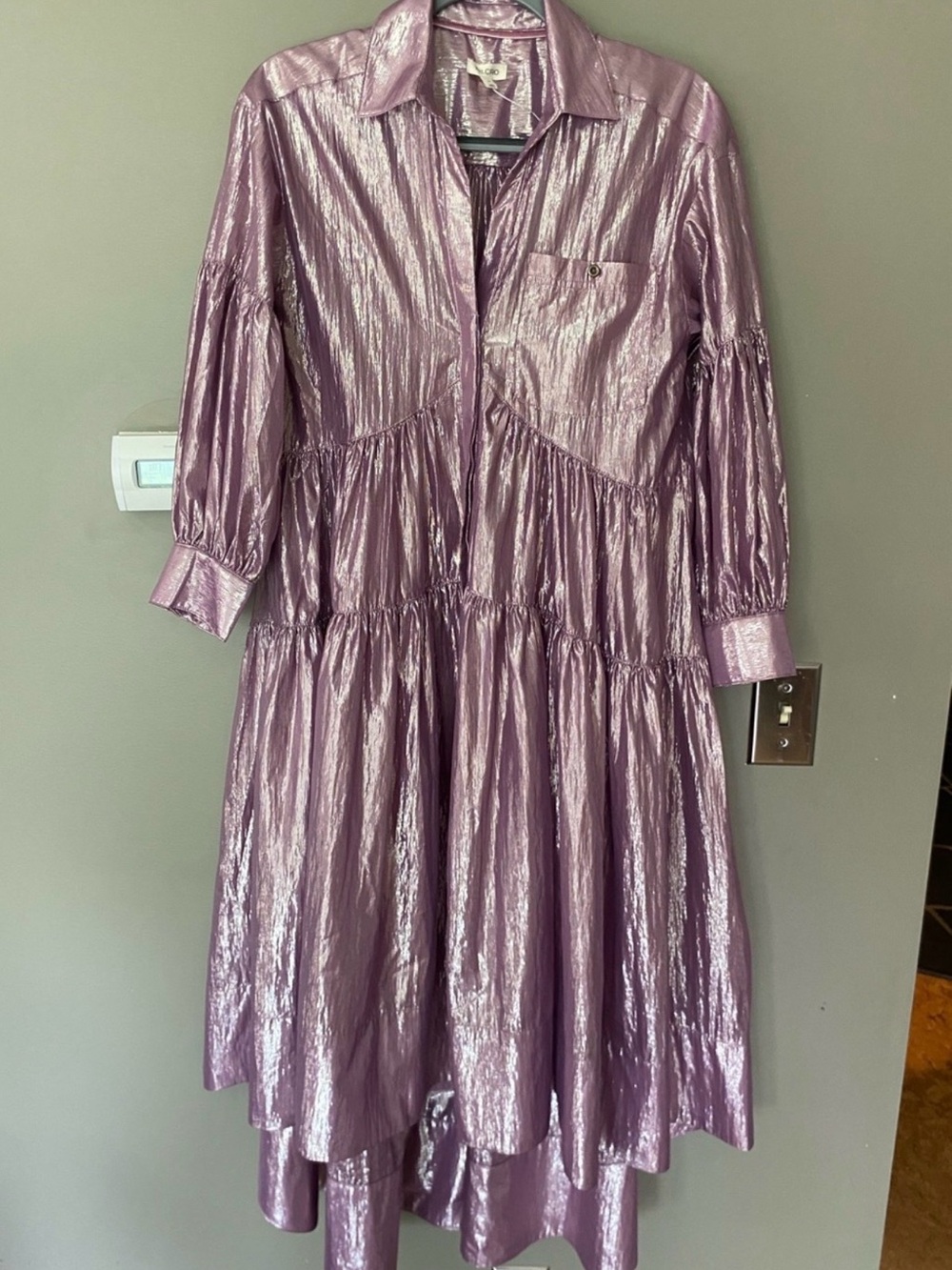 Anthropologie Metallic Dusty Rose High-Low Tiered Shirt Dress